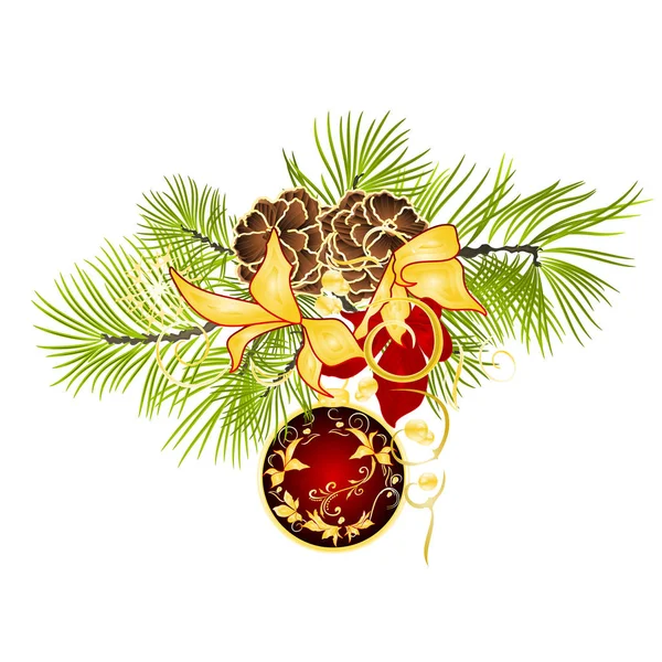 黄金のお祝いポインセチア赤クリスマスオーナメント クリスマスと新年の装飾葉 つと松とモミの木の枝錐体松ぼっくりベクトル図編集手描 — ストックベクタ