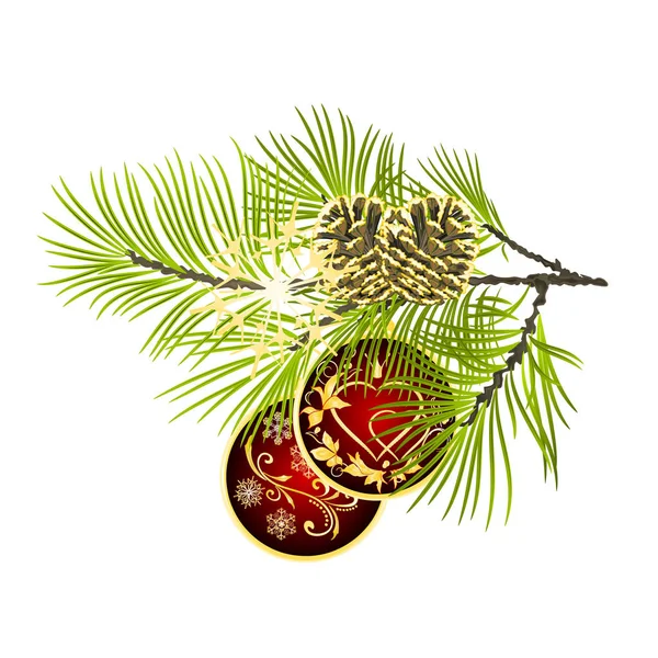 クリスマスと新年の装飾赤クリスマス飾り黄金の葉と松ぼっくりとゴールデン スノーフレーク ビンテージ ベクトル イラスト編集手描でモミの木の枝 — ストックベクタ