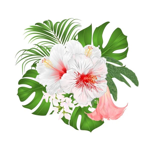 Buquê Com Flores Tropicais Arranjo Floral Com Belo Hibisco Branco —  Vetores de Stock