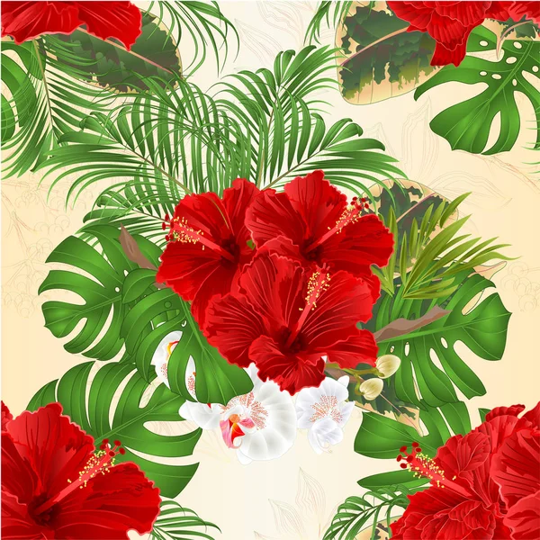 Bezešvých Textur Kytice Tropické Květiny Aranžmá Krásnou Červenými Ibišky Orchidejí — Stockový vektor