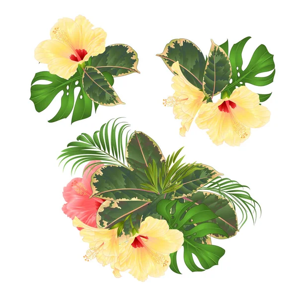 Ramo Con Flores Tropicales Conjunto Arreglo Floral Con Hermosa Palma — Archivo Imágenes Vectoriales