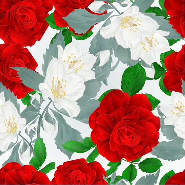 Textura Inconsútil Rosa Rojo Hojas Jazmín Naturaleza Fondo Vintage Vector — Archivo Imágenes Vectoriales