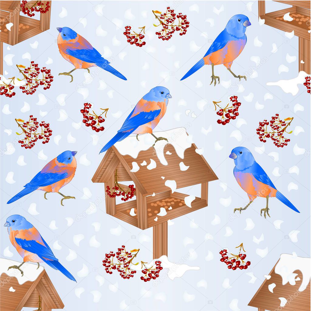 Seamless texture  bluebirds with feeder with snow christmas theme natural background vintage vector illustration editable hand draw