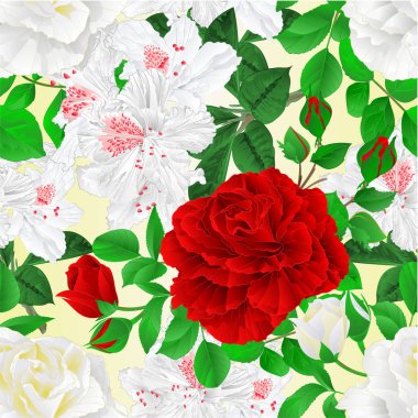 Sorunsuz doku beyaz ve kırmızı gül tomurcukları ve yaprakları ve beyaz rhododendronsvintage Festival arka plan ile düzenlenebilir el çizmek botanik illüstrasyon vektör