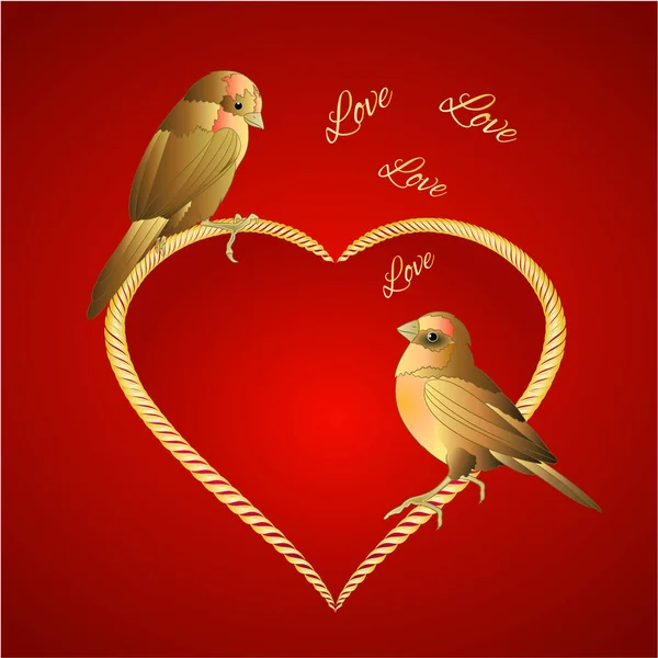 Little Golden Birds Hearts Valentines Place Text Red Background Vintage — Stock Vector