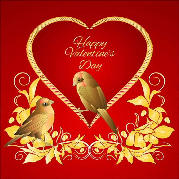 Little Golden Birds Heart Golden Leaves Valentines Place Text Red — Stock Vector