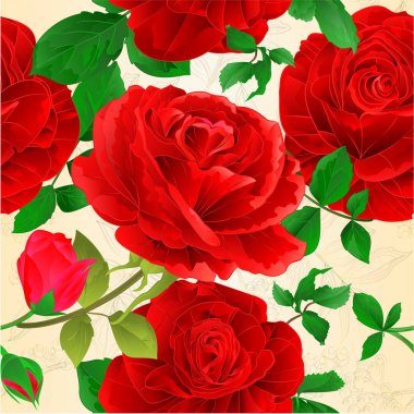Çeşitli kırmızı gül tomurcukları ve yaprakları vintage doğal kaynak arka plan vintage vektör çizim düzenlenebilir el ile sorunsuz dokuyu çizin 