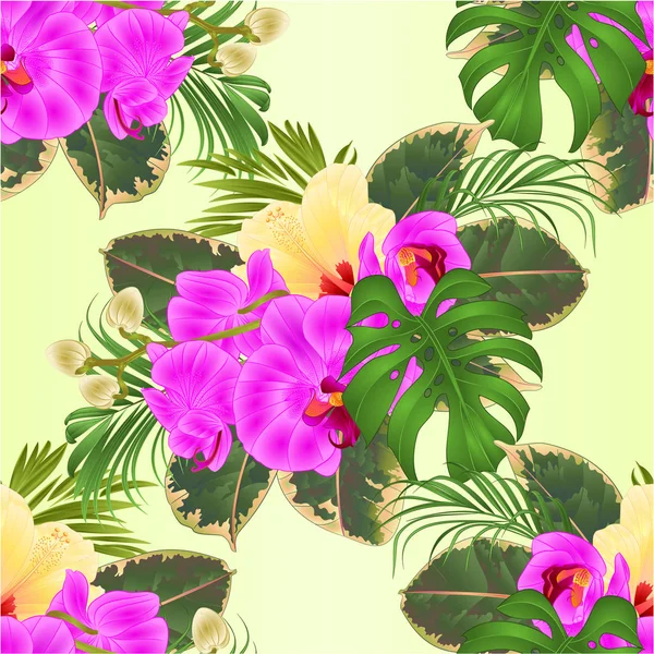 Нежный Букет Текстуры Тропическими Цветами Цветочная Композиция Красивой Орхидеи Гибискуса — стоковый вектор