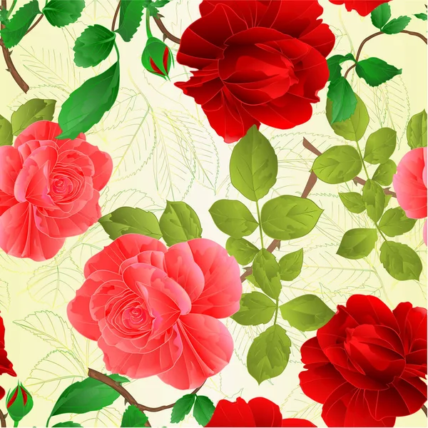 Textura Sem Costura Rosa Rosa Vermelho Hastes Folhas Vintage Natureza — Vetor de Stock
