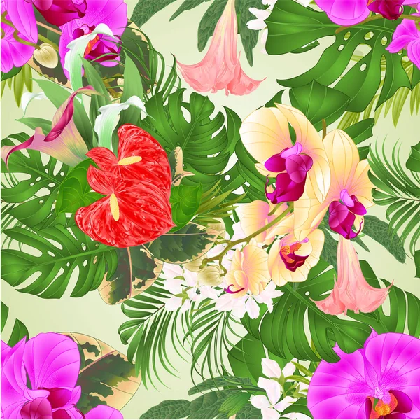 Buquê Textura Sem Costura Com Flores Tropicais Arranjo Floral Orquídeas — Vetor de Stock