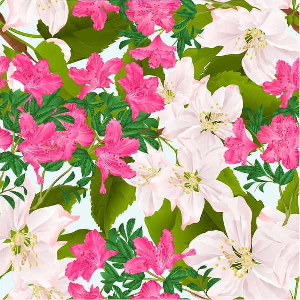 Nahtlose Textur Rosa Rhododendrons Und Zweig Des Apfelbaums Mit Blumen — Stockvektor
