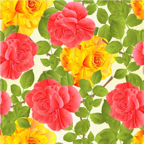 シームレス テクスチャ花黄色とピンク バラ茎と葉ヴィンテージ自然背景ベクトル編集可能な手描きイラスト ロイヤリティフリーストックベクター