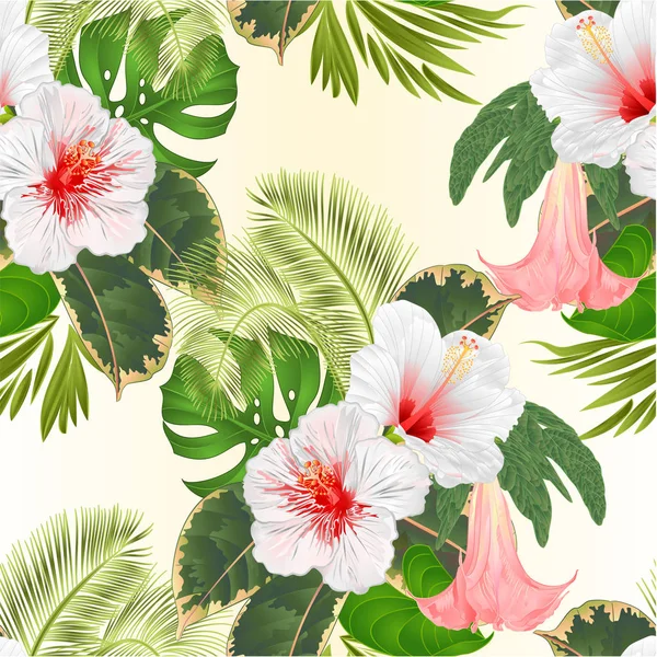 无缝纹理热带花卉插花 与白色芙蓉和布鲁曼西亚棕榈 佛香龙复古向量可编辑的手绘 — 图库矢量图片