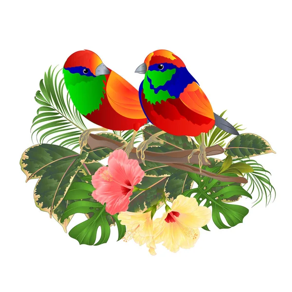 Oiseaux Tropicaux Sur Bouquet Branches Aux Fleurs Tropicales Hibiscus Palmier — Image vectorielle