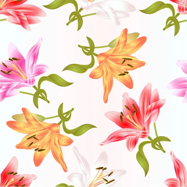 Textura Inconsútil Tallo Lily Flor Blanco Rosa Amarillo Rojo Lilium — Vector de stock