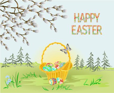 Bahar manzara orman Paskalya hasır ve Paskalya yumurtaları ve kelebek çiçek vintage vektör çizim düzenlenebilir el ile çim çizmek
