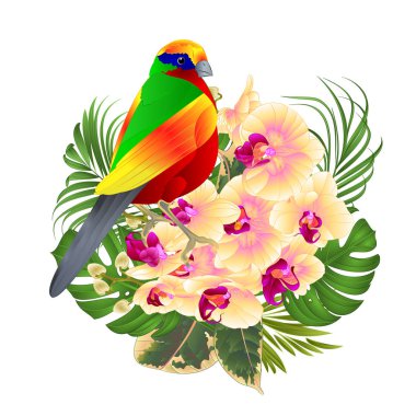 Tropik tropikal kuşla düzenlenebilir el çizmek güzel sarı orkide, palm, bitkiyi ve ficus vintage vektör çizim çiçek aranjmanı çiçek 