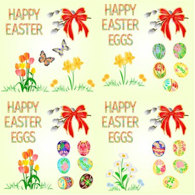 Mutlu Paskalya dekorasyon Paskalya yumurta ve Nergis Lale papatya yeşil çimen, kedi willov ve yay. Nisan ayında mevsimlik tatil. Renkli yumurta Lale düzenlenebilir el çizmek illüstrasyon vektör