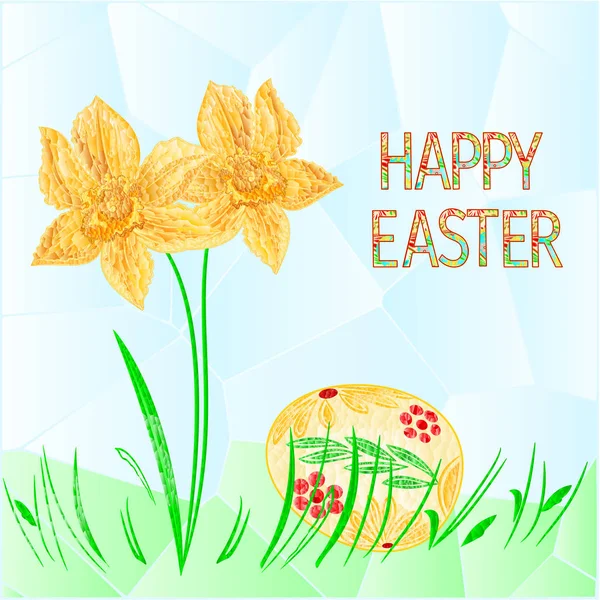 快乐复活节复活节彩蛋与水仙花和草多边形向量插图用于室内设计贺卡 — 图库矢量图片