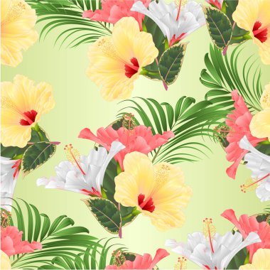 Dikişsiz doku Tropikal çiçekler çiçek aranjman, pembe beyaz ve sarı ebegümeci ve palmiye ficus vintage vektör illüstrasyon editable el çizmek ile 