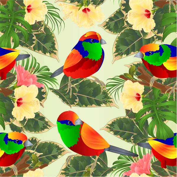 Seamless texture tropical birds  on a branches  tropical flowers hibiscus palm,philodendron on a white background vintage vector illustration editable hand draw