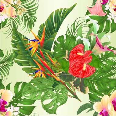 Tropikal çiçekler Strelitzia reginae sarı orkide Phalaenopsis, zambak Cala ve antoryum palmiye philodendron ve Brugmansia vintage vektör illüstrasyon ile dikişsiz doku buketi