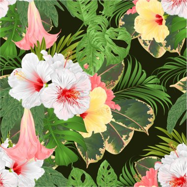 Tropikal çiçekler pembe sarı ve beyaz ebegümeci ve Brugmansia ve monstera palmiye, philodendron vintage vektör illüstrasyon editable el çizmek ile Dikişsiz doku buketi 