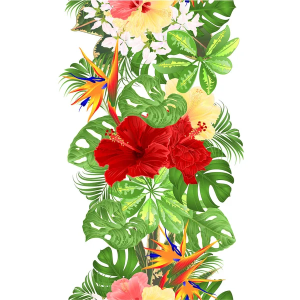 熱帯の花のピンクと黄色のハイビスカスとストレチアとサンセベリア パーム フィロデンドロンやイチジク ビンテージ ベクトル イラスト グリーティング カード熱帯ボーダー シームレスな背景の花束 — ストックベクタ