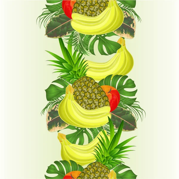 边界无缝背景热带水果集热带叶榕 矢量插图用于室内设计 艺术品 — 图库矢量图片