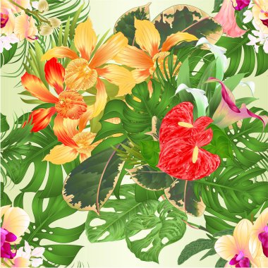 Tropikal çiçekler sarı orkide Phalaenopsis ve Cattleya zambaklar Cala ve antoryum palmiye philodendron ve Brugmansia vintage vektör illüstrasyon ile Dikişsiz doku buketi  