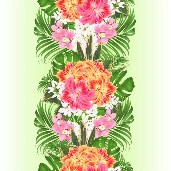 Függőleges Határon Zökkenőmentes Hátteret Trópusi Virágok Virágos Elrendezése Gyönyörű Sárga — Stock Vector