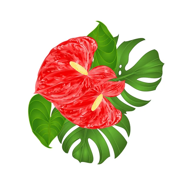 Fleurs Tropicales Arrangement Floral Avec Beaux Lys Anthurium Philodendron Vintage — Image vectorielle