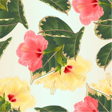 Dikişsiz doku tropikal çiçekler çiçek aranjman, pembe ve sarı ebegümeci ve ficus doğal arka plan vintage vektör illüstrasyon editable el çizmek ile 