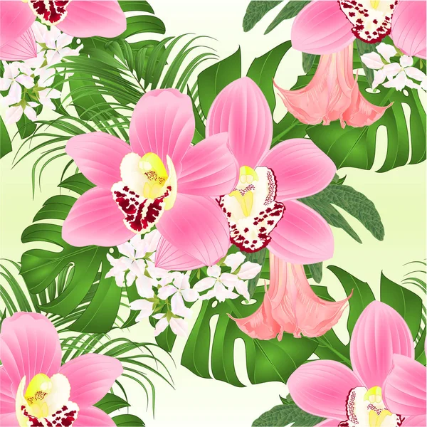 无缝纹理与热带花卉花卉布置 与美丽的粉红色兰花 红花和布鲁格曼西亚复古矢量插图可编辑的手绘 — 图库矢量图片