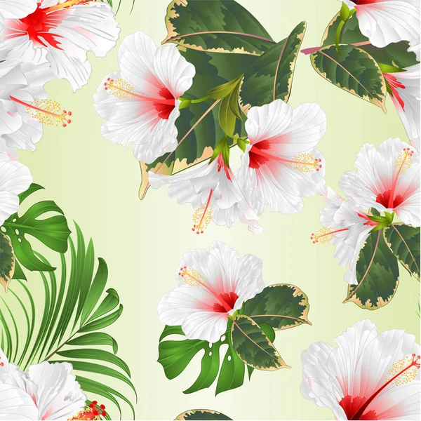 Tropische Blumen Florales Arrangement Mit Weißem Hibiskus Und Ficus Aquarell — Stockvektor