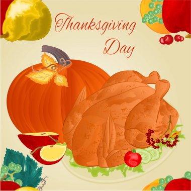 Şükran günü dikişsiz doku hindi ve meyve kutlama gıda vintage vektör illüstrasyon değiştirilebilir el çizmek 