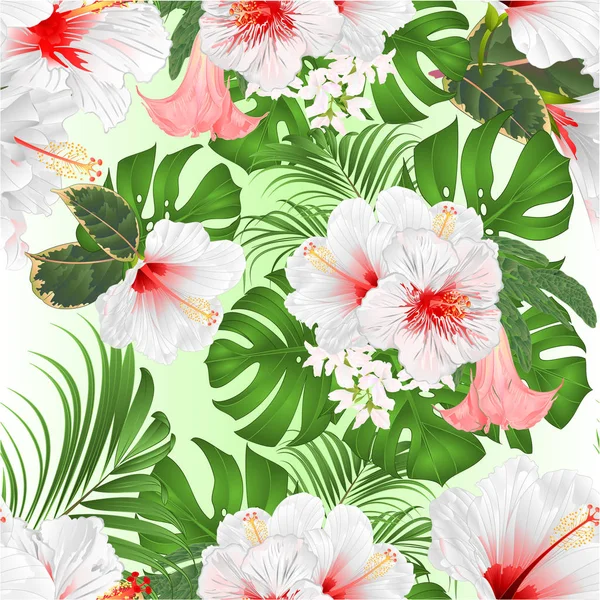 用白色芙蓉 菲罗敦 布鲁曼西亚古色系手工画图 无缝线质感热带花卉排列美丽的布鲁曼西亚 — 图库矢量图片