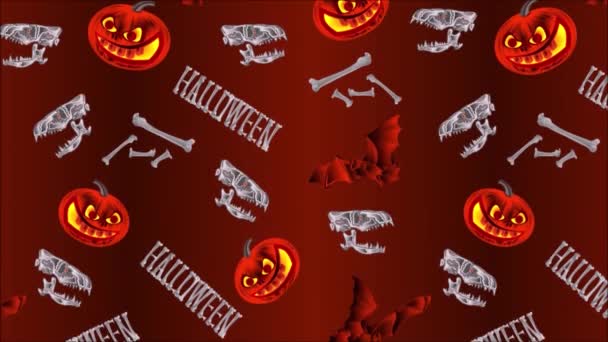 ビデオシームレスなループアニメーションのイラストハロウィンカボチャのコウモリの頭蓋骨と骨休日の背景ヴィンテージの動き — ストック動画