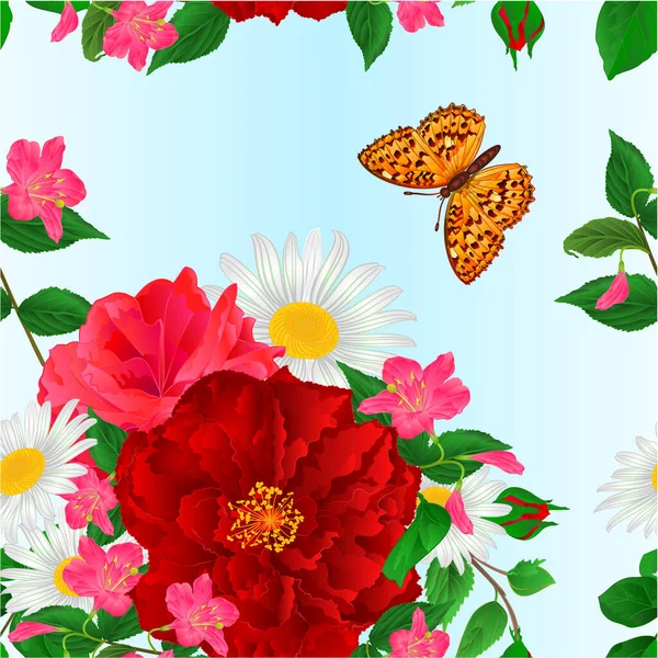Бесшовный Букет Текстуры Красные Розовые Розы Маргаритки Вайгела Бабочка Голубом — стоковый вектор