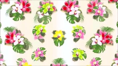 Tropikal çiçek desenli illüstrasyon animasyonunun kusursuz döngü animasyonu. Çiçek düzenlemesi, güzel orkideler, cymbidium palmiyesi, filodendron ve fius vintage hareketli.