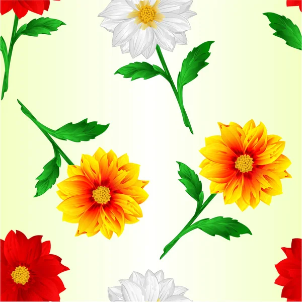 Textura Sin Costuras Dahlia Rojo Blanco Amarillo Verano Flores Tallos — Vector de stock