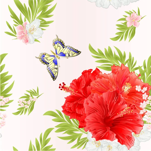 Textura Inconsútil Flores Tropicales Hibisco Rosa Con Flores Jazmín Mariposa — Archivo Imágenes Vectoriales