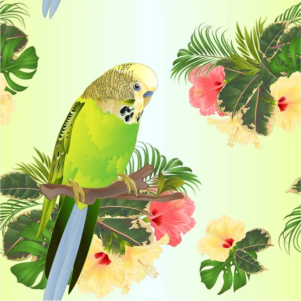 Бесшовная Текстура Зеленый Budgerigar Домашние Животные Зеленый Попугай Ветке Букет — стоковый вектор