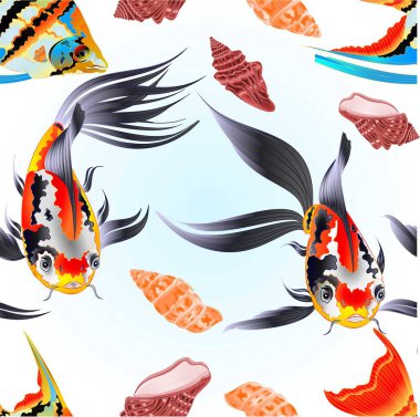 Kusursuz desenli tatlı su Pterophyllum Scalare Amazon çeşidi Melek balığı akvaryumu ve balık Koi balığı Japon sazan balığı ve deniz kabuğu mavi arkaplan vektör çizimi düzenlenebilir el çizimi