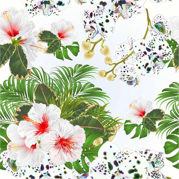 热带花卉排列的无缝隙质感花束 白色芙蓉和五颜六色兰花棕榈 水彩画水彩画矢量可编辑手绘 图库矢量图片