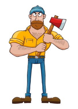 Vector illustration of a serous looking lumberjack character holding an axe clipart