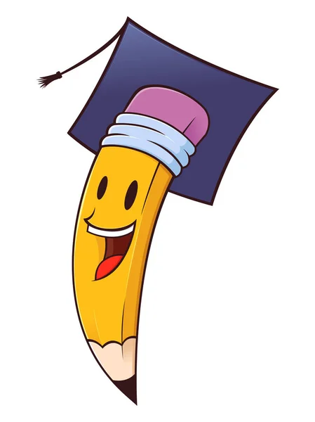 Vector Illustration Happy Cheerful Pencil Character Wearing Graduation Hat — Stock Vector