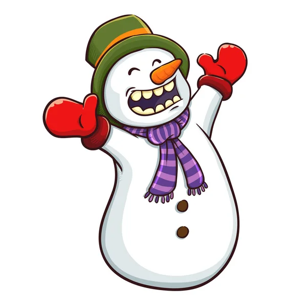 Vector Εικονογράφηση Της Ένα Χαριτωμένο Χαρούμενος Χιονάνθρωπος Απομονώνονται Λευκό Φόντο — Διανυσματικό Αρχείο