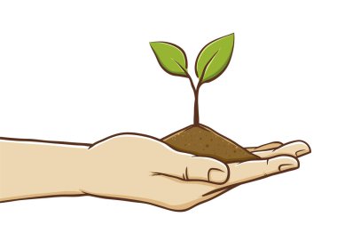 Bitki ve toprak, beyaz arka plan üzerinde izole tutan el vektör çizim