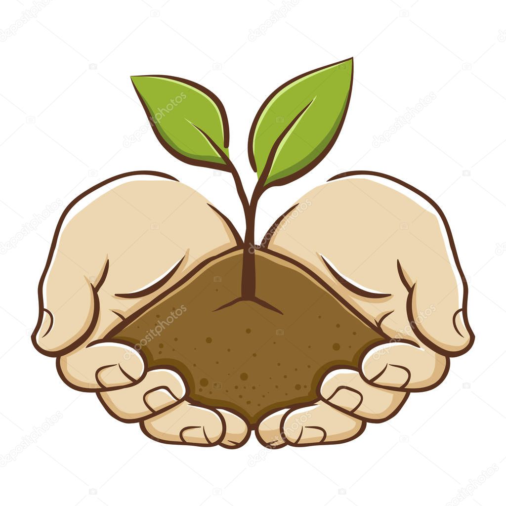 Vector illustration of pair of hand holding plant and soil, isolated on white background